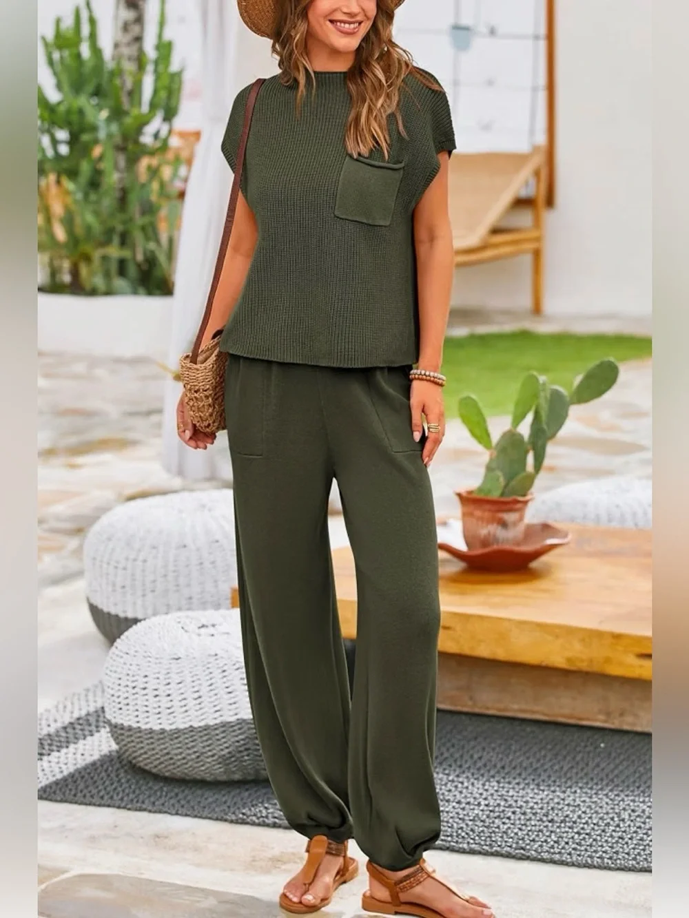 Pretty garden  Olive Knit Sleeveless Top & Jogger Set